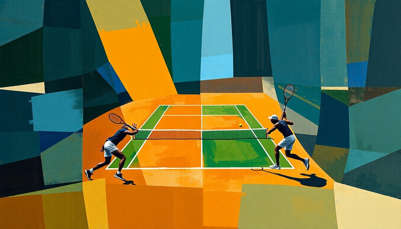 A fractured, multi-perspective painting featuring sharp, overlapping geometric planes in deep blues, earthy greens, and warm ochres, conceptually representing a tennis match between two players on a clay court.