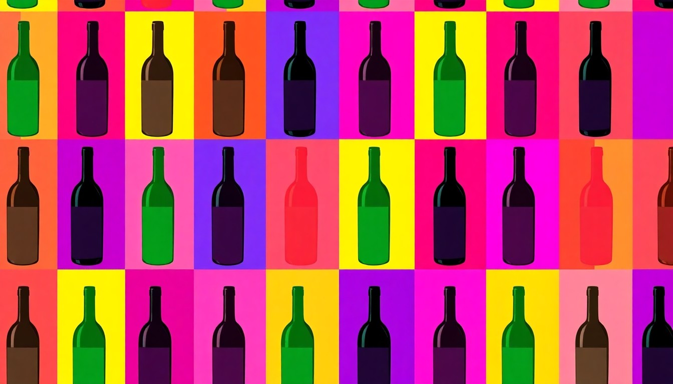 A high-contrast, silkscreen-style illustration featuring a repeated pattern of a single wine bottle shape in bold, neon colors, conceptually representing the creative energy and innovative spirit of the Natural Coast Wine Festival.
