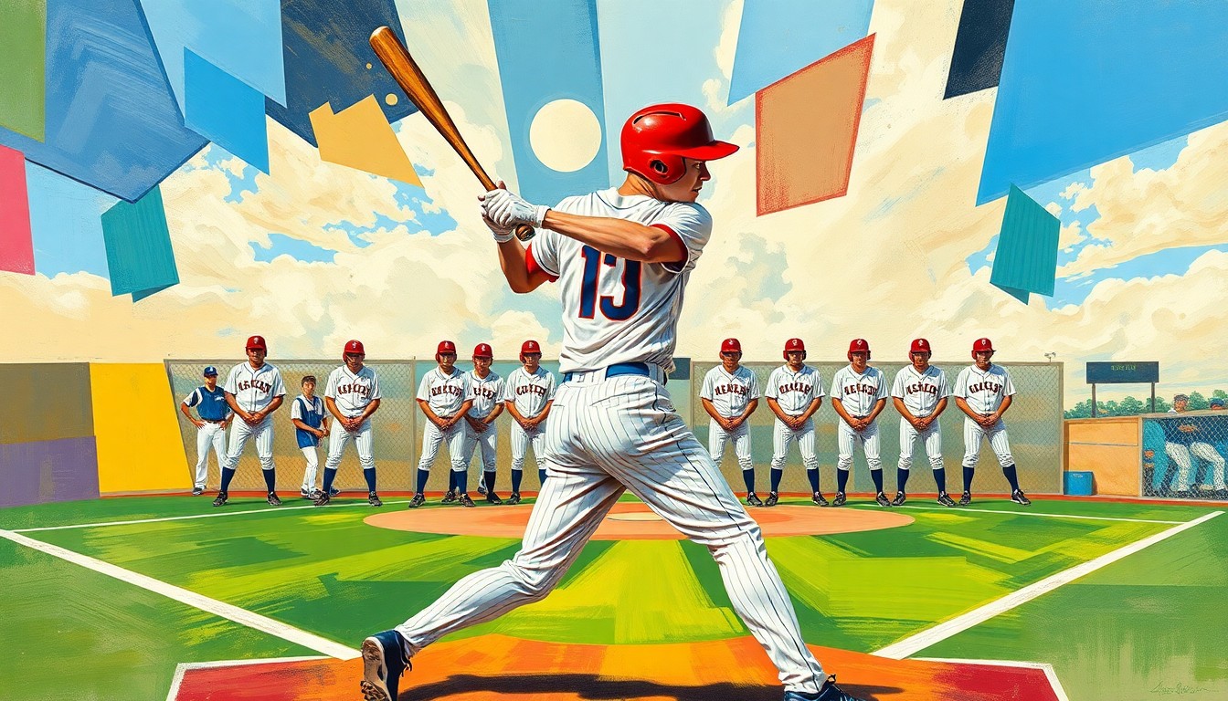 A fragmented, geometric painting depicting a high school baseball player's batting motion, with sharp planes of color representing the player's movements and the energy of the game.