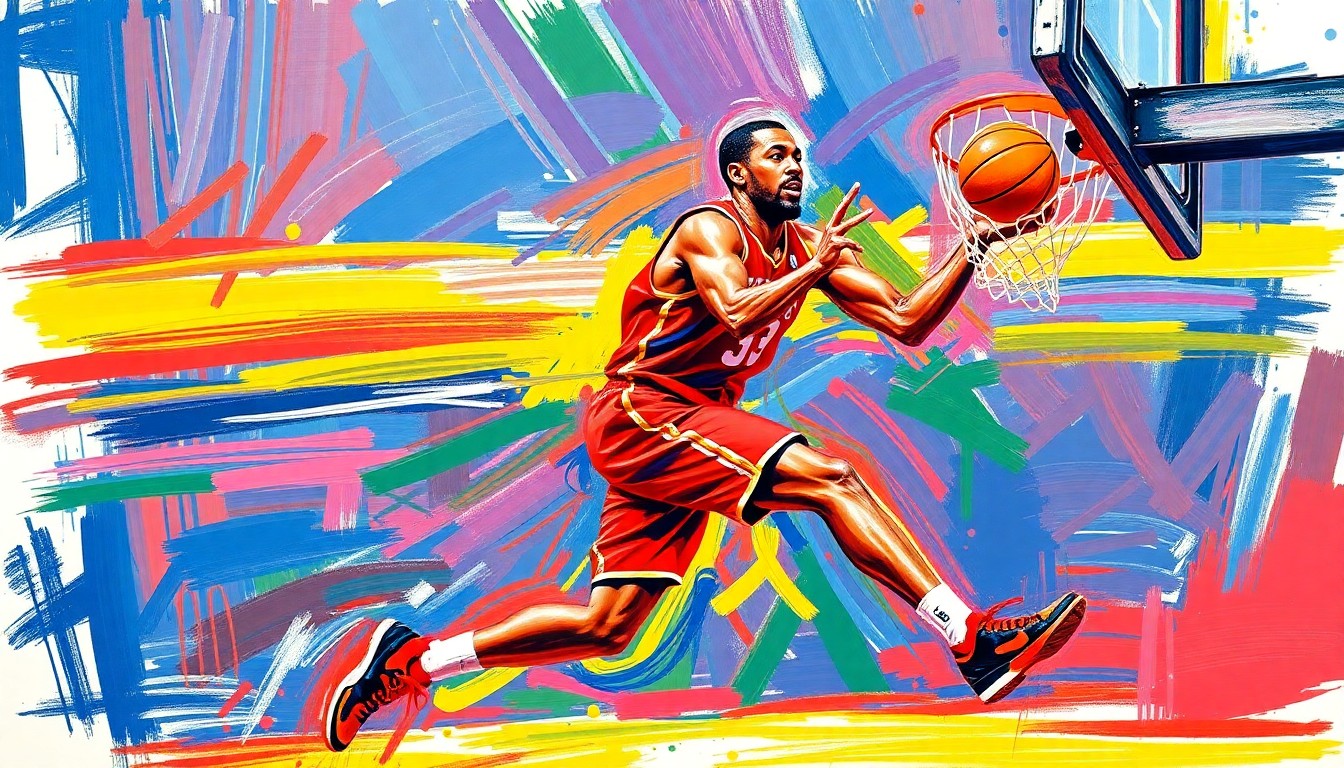 An abstract, energetic painting in bright neon colors, with rapid brushstrokes capturing the dynamic movement and raw energy of a basketball player driving to the hoop.