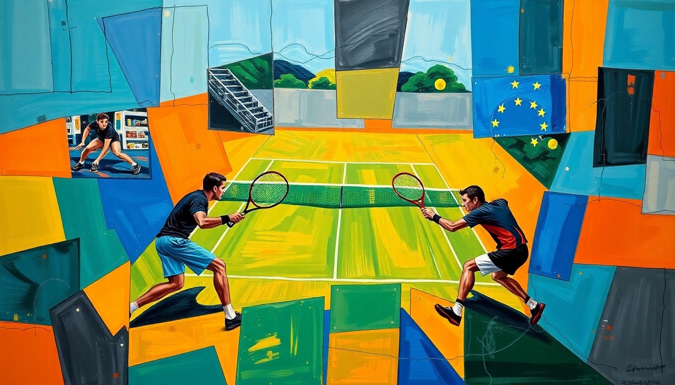 A fragmented, geometric painting depicting a tennis match, with the players' forms broken down into sharp, overlapping planes of vibrant blue, green, and orange hues.