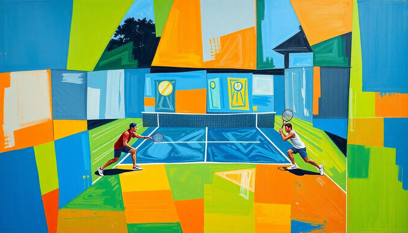 A cubist, geometric painting depicting the dynamic movements and competing perspectives of a tennis match, rendered in bold, vibrant colors.