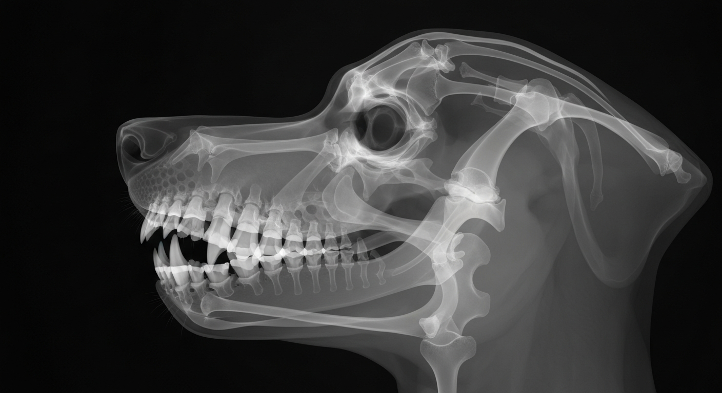 A ghostly, translucent X-ray image revealing the internal bone structure and teeth of a dog's head, conceptually illustrating the need to verify the health of the animal involved in a recent bite incident.