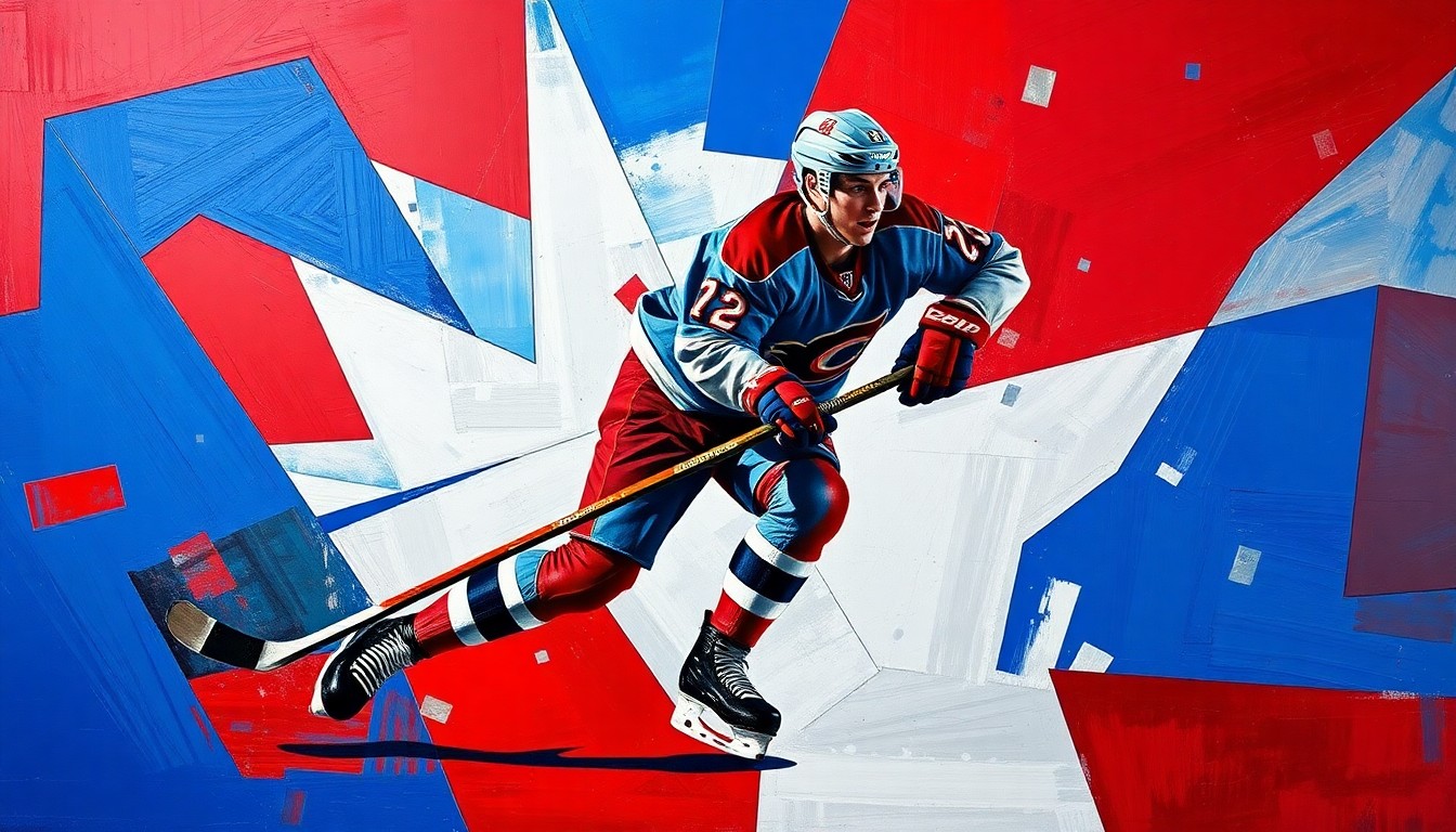 A cubist-inspired painting featuring sharp, overlapping geometric shapes in shades of blue, red, and silver, conceptually representing the fragmented nature of an injured hockey player's recovery and return to the ice.