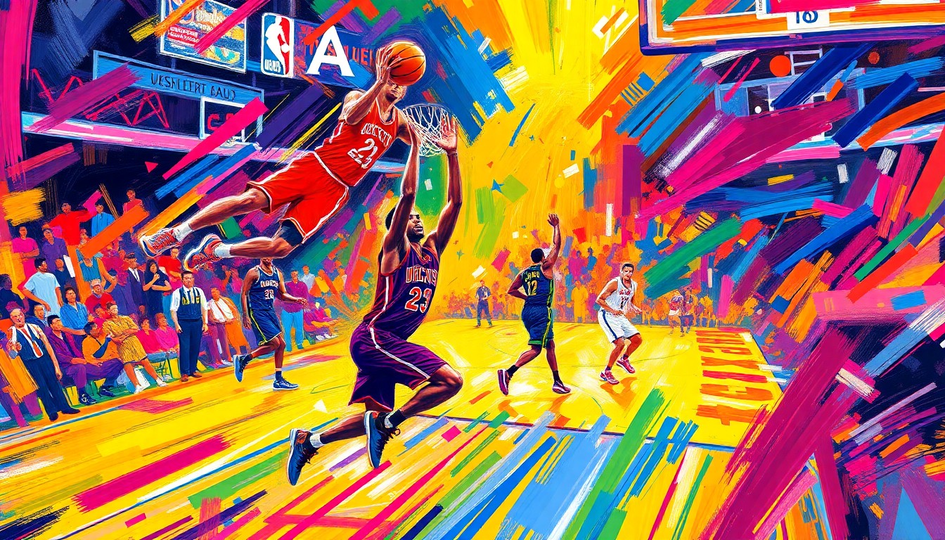 An abstract, expressionist painting in neon colors depicting the dynamic movement and energy of a professional basketball game, with players' forms dissolving into vibrant brushstrokes.