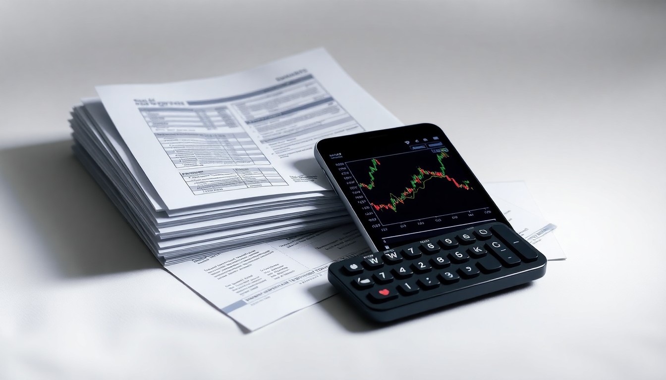 A photorealistic studio still life featuring a stack of stock trading papers, a calculator, and a smartphone displaying a stock chart, all arranged elegantly on a clean, white background to symbolize the abstract concepts of corporate finance, investment risk, and market volatility.