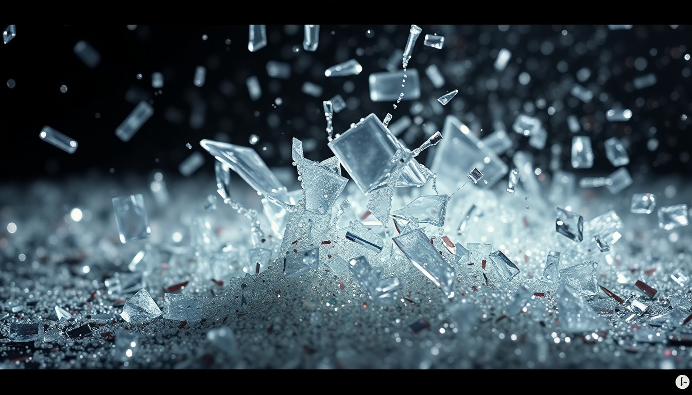 An abstract close-up photograph featuring shattered glass and glittering sequins in high-contrast studio lighting, conveying the fractured fan reaction to a beloved TV character's sudden departure.