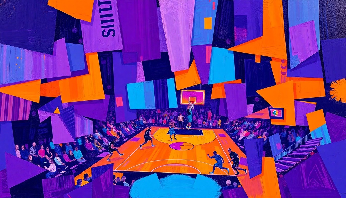 A fragmented, abstract painting depicting the fluid motion and intensity of a basketball game, with sharp geometric shapes and bold colors conveying the raw energy of the sport.