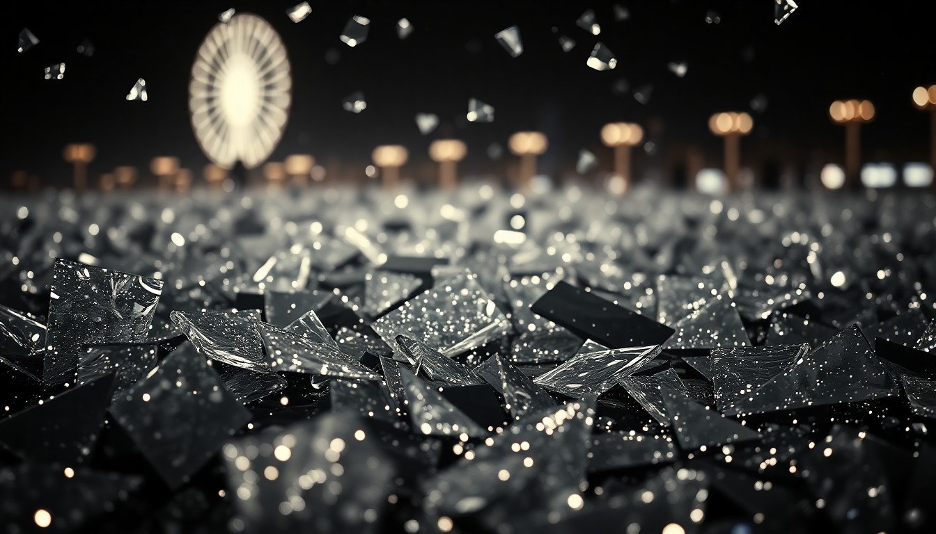 An extreme close-up photograph of shattered, glittering glass fragments in dramatic, high-contrast studio lighting, conceptually representing the chaotic energy and aftermath of the Coachella music festival.
