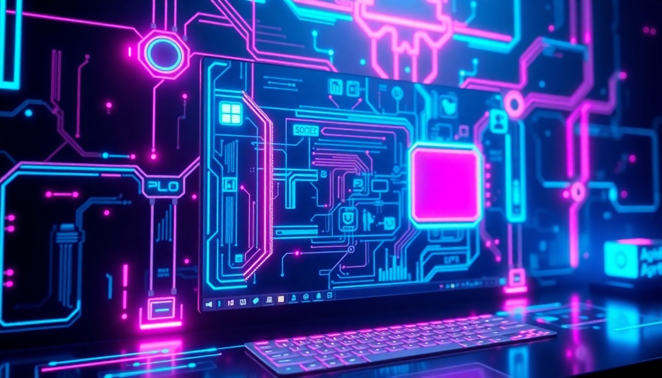A highly detailed, glowing 3D illustration of a futuristic Windows 11 desktop interface, with neon cyan and magenta lights illuminating the various digital components, conveying a sense of advanced, interconnected technology powering the operating system.