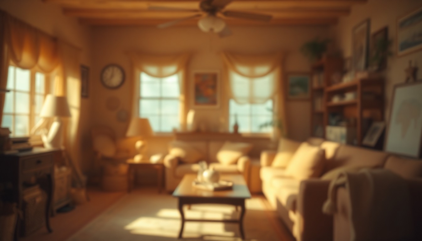 An extremely abstracted, out-of-focus photograph in soft, earthy tones, capturing the cozy, collected mood of a lived-in home interior.