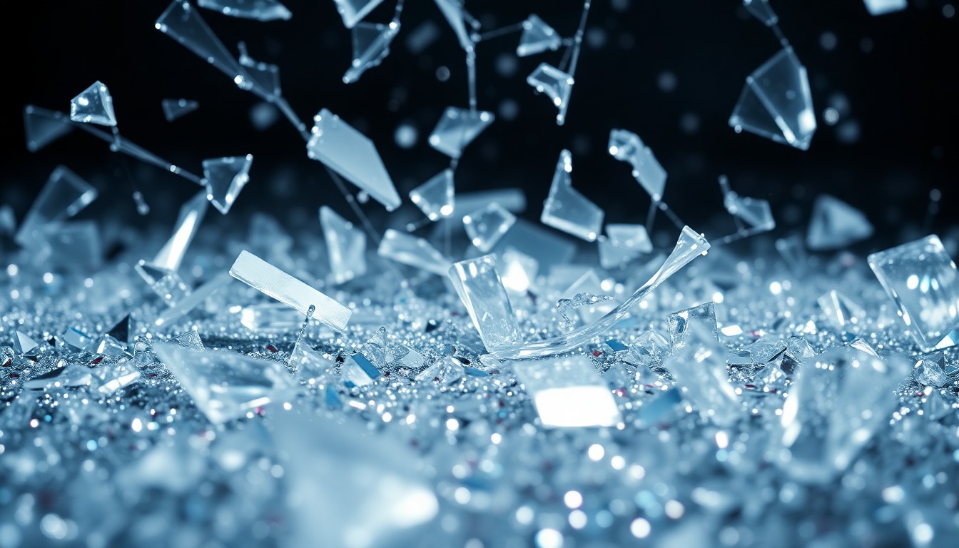 An abstract close-up image of shattered glass and glittering sequins, capturing the high-contrast, high-fashion aesthetic of celebrity culture.