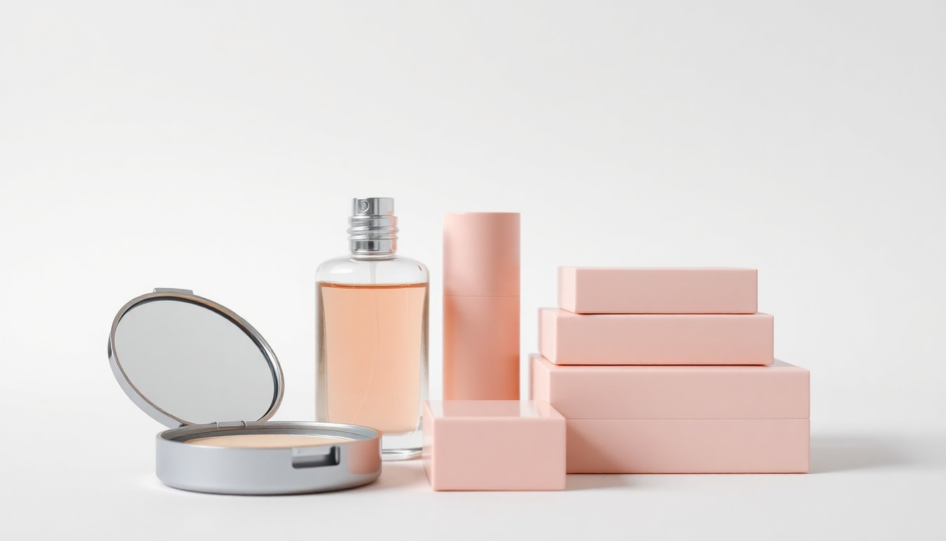A minimalist studio still life photograph featuring a closed makeup compact, a glass perfume bottle, and a small stack of beauty product boxes in muted shades of pink, beige, and gray against a clean white background, conceptually representing the decline of physical retail stores in the beauty industry.