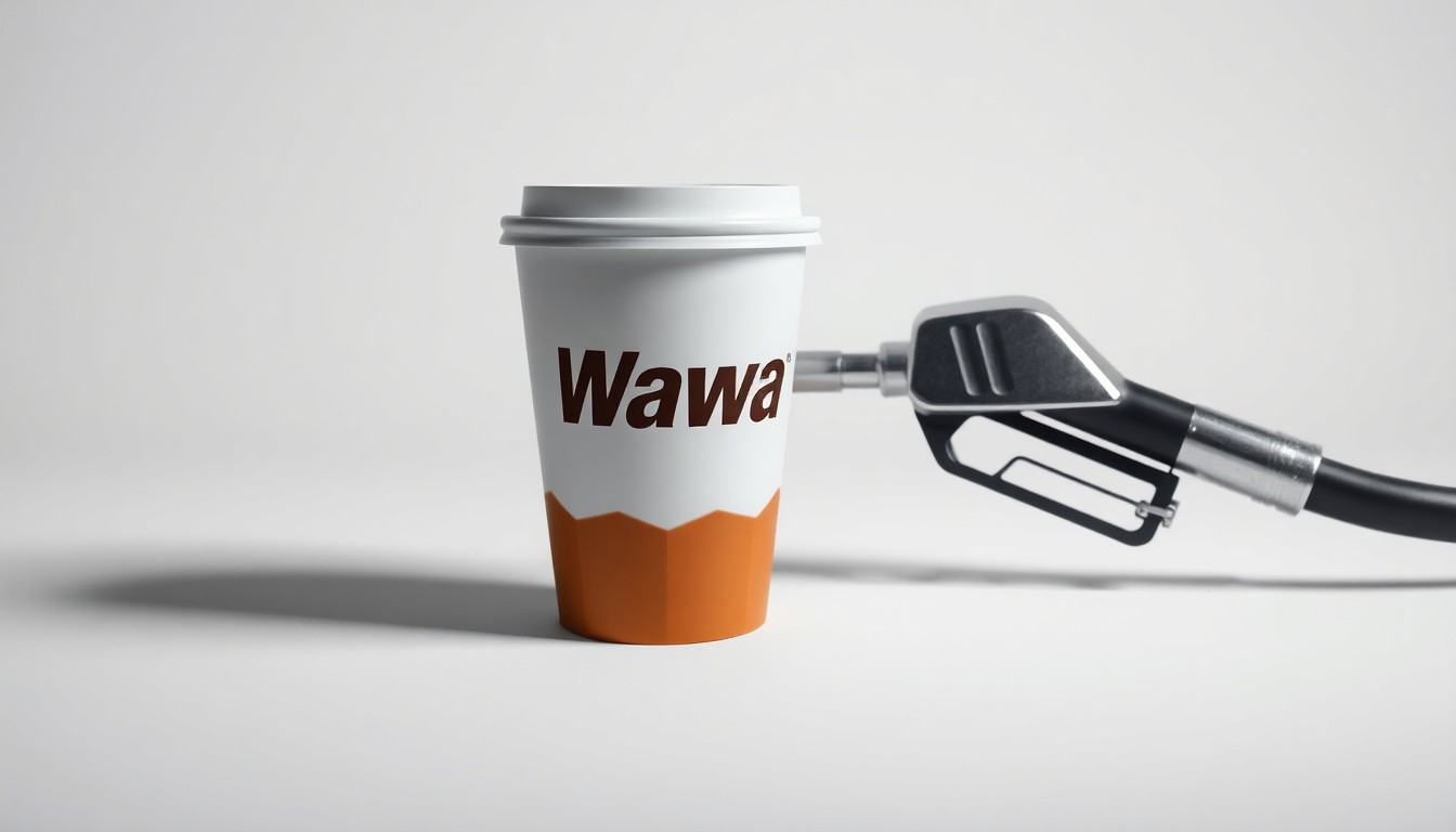 A high-end, photorealistic studio still-life photograph featuring a polished, geometric Wawa coffee cup and a sleek, metallic Wawa gas pump nozzle elegantly arranged on a clean, monochromatic seamless background, conceptually representing the premium quality and modern aesthetic of the Wawa brand.