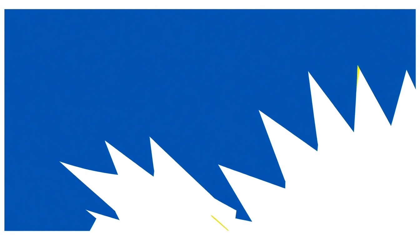 An abstract, minimalist illustration featuring bold, jagged shapes in deep blue, bright yellow, and stark white, conceptually representing the diverse musical styles and themes of the Cleveland Pops Orchestra's 30th anniversary season.