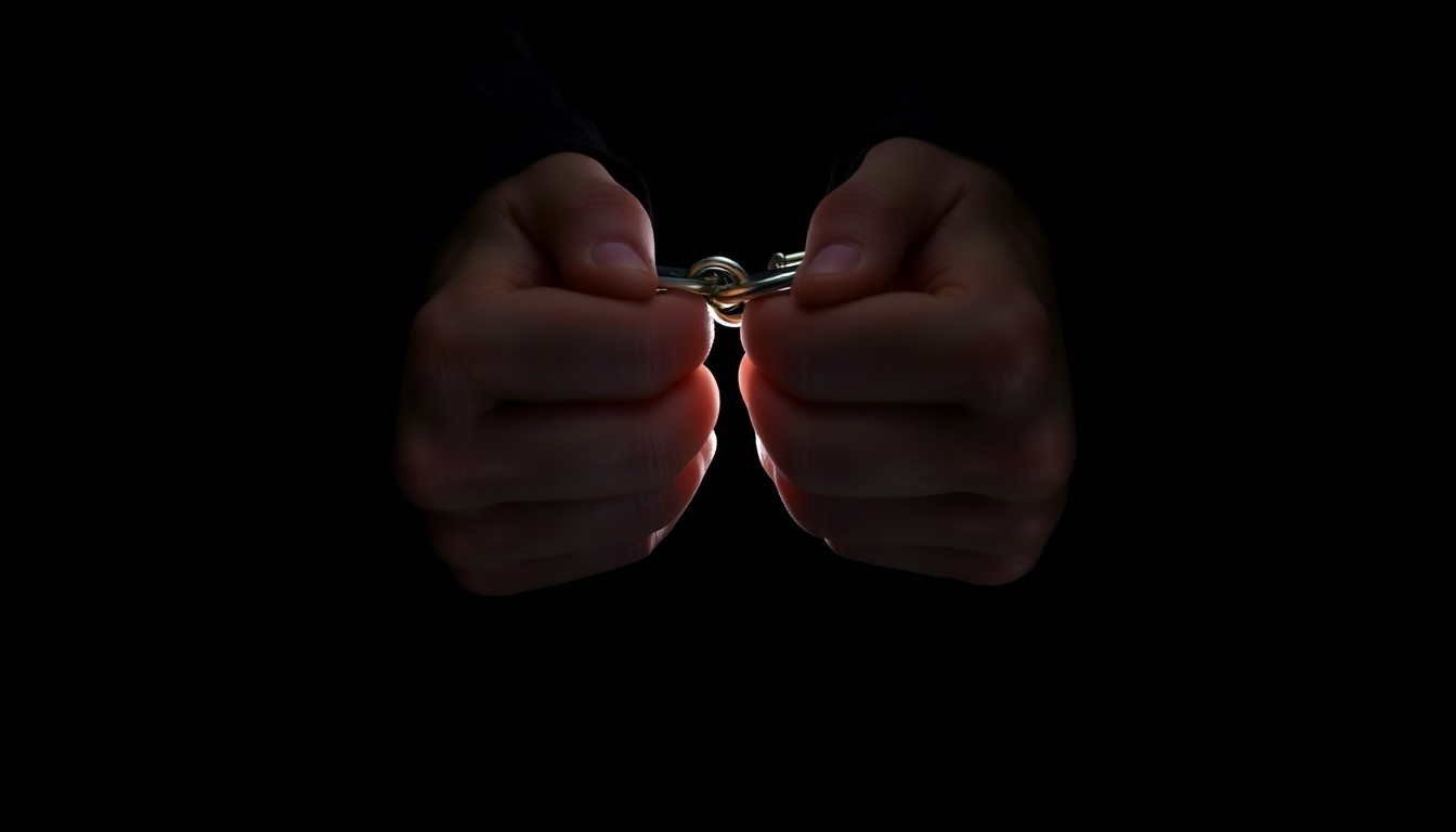 An extreme close-up photograph of a pair of handcuffed hands against a pitch-black background, creating a stark, gritty, investigative aesthetic.