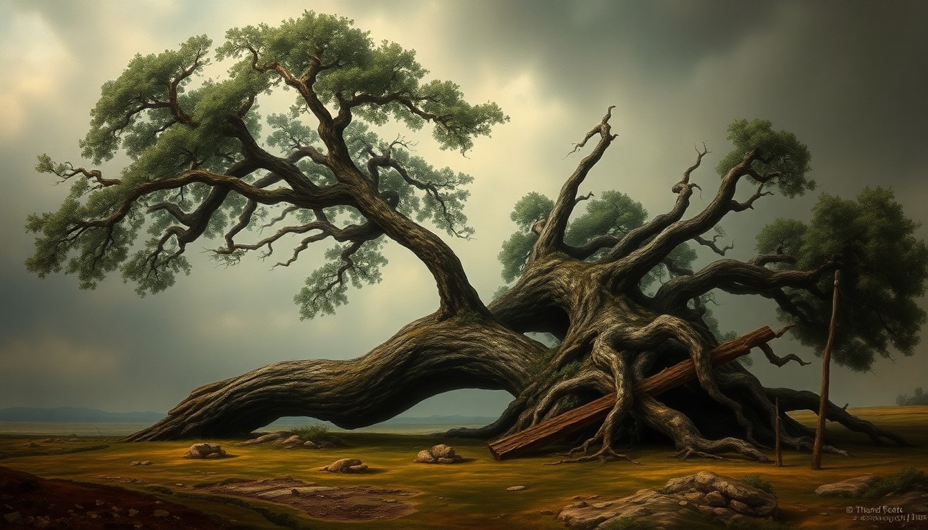 A vast, atmospheric landscape painting depicting a massive oak tree that has been toppled by a severe storm, its fallen trunk and branches dominating the foreground while the background is shrouded in an ominous haze, conveying the overwhelming power of nature.