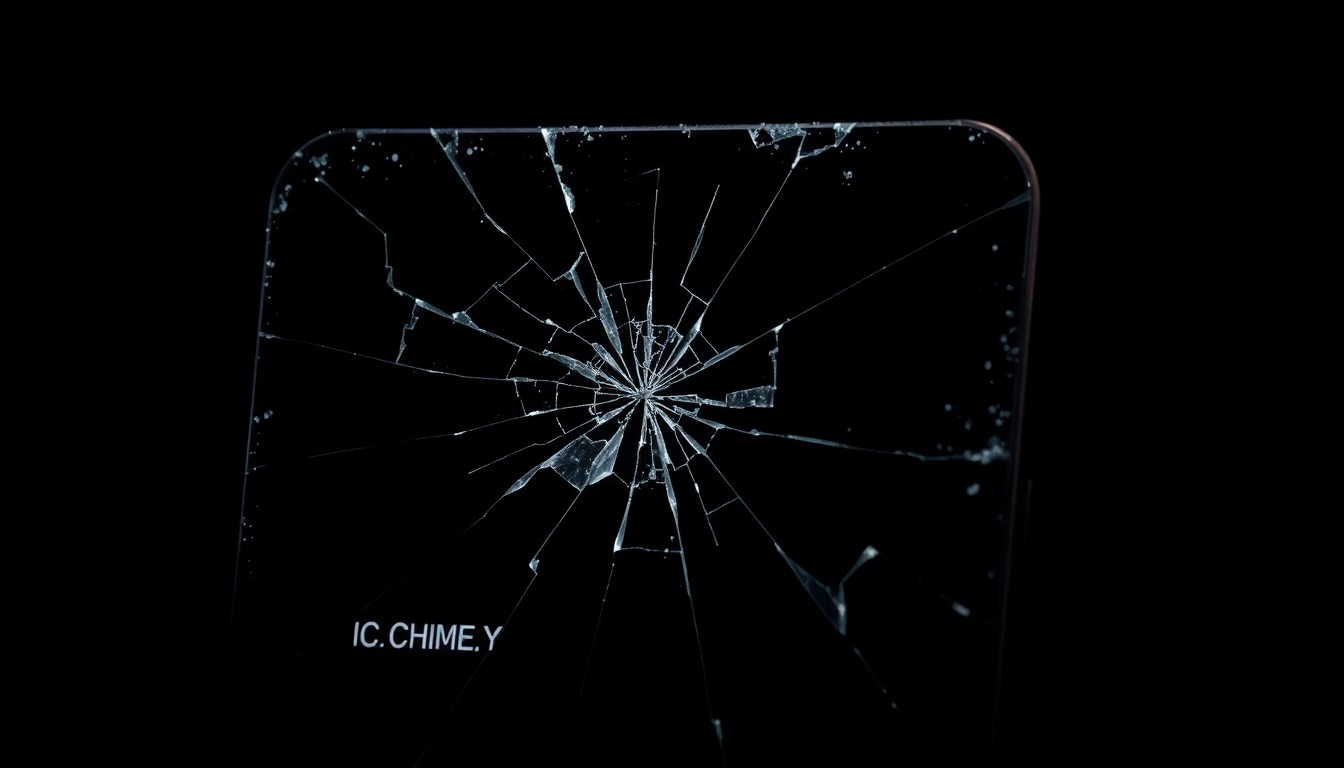 An extreme close-up photograph of a cracked and damaged cell phone screen, lit by a harsh, direct camera flash against a pitch-black background, conceptually representing the destruction and violence of this crime.