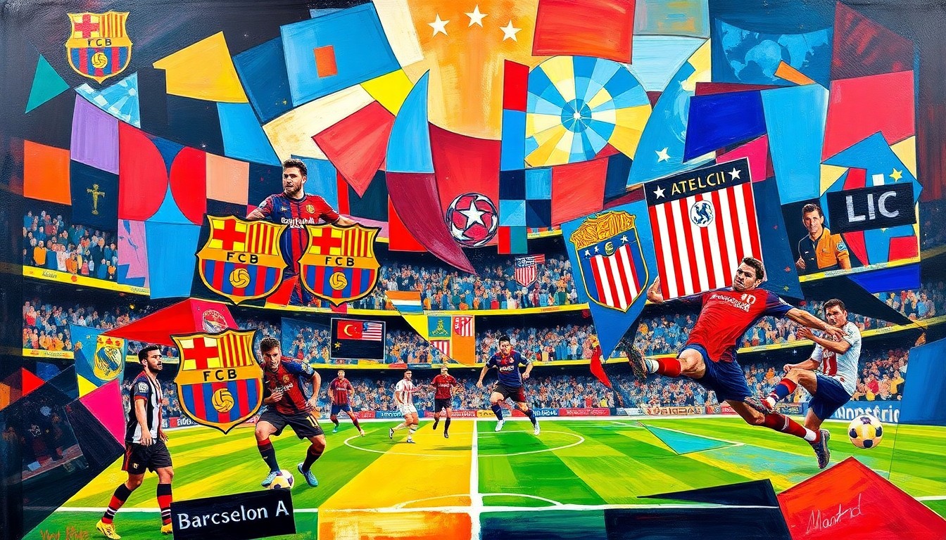 A fractured, cubist-style painting depicting the intensity and energy of a high-stakes Champions League soccer match, with sharp geometric planes in vibrant colors like deep reds, royal blues, and bright yellows.
