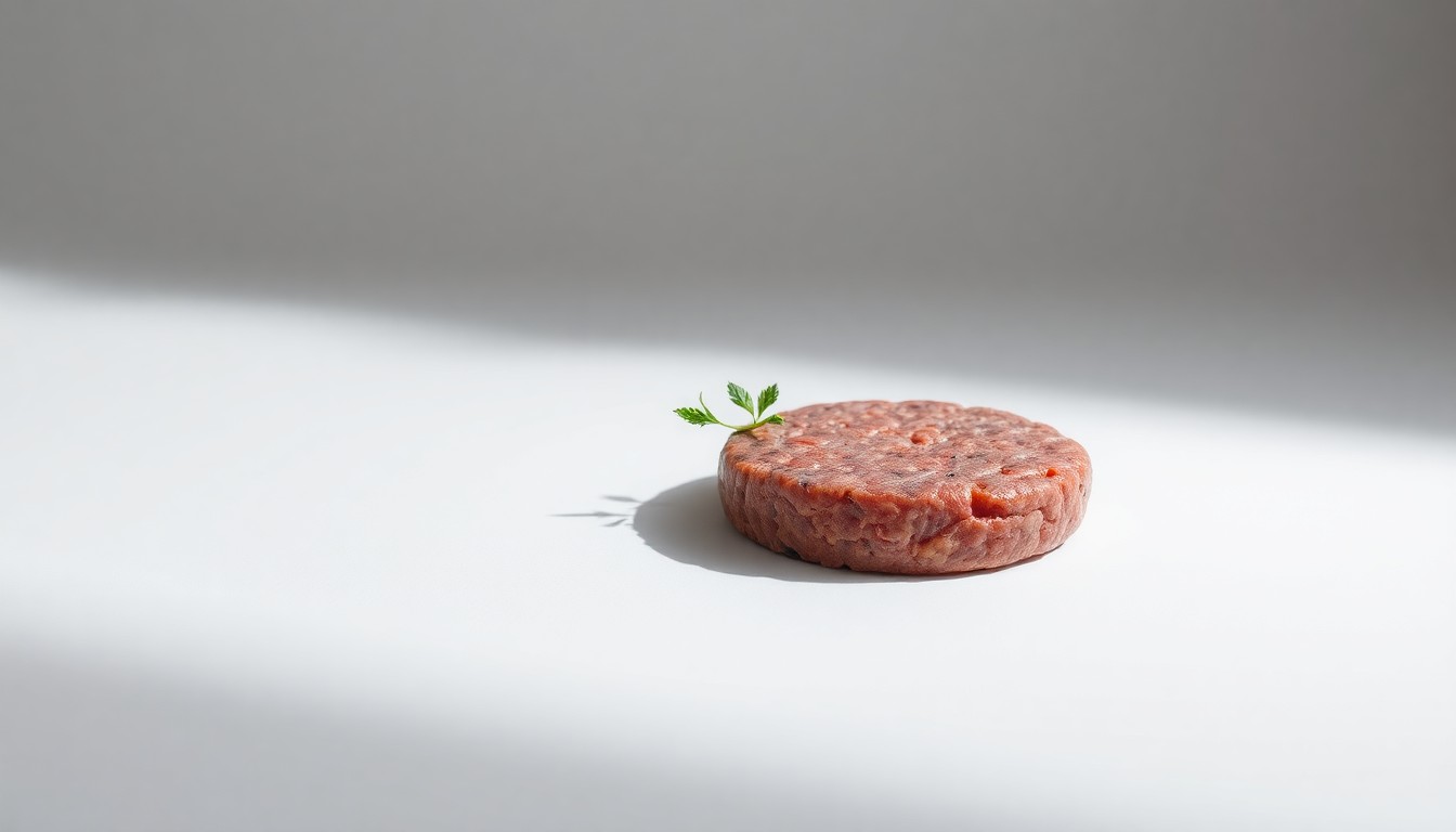 A high-end, photorealistic studio still-life photograph featuring a single, premium-quality plant-based meat patty made from polished raw materials and clean geometric shapes, arranged elegantly on a clean, monochromatic seamless background. The object is lit with sharp, dramatic studio lighting and deep shadows, conceptually representing the abstract corporate challenges facing the plant-based meat industry.