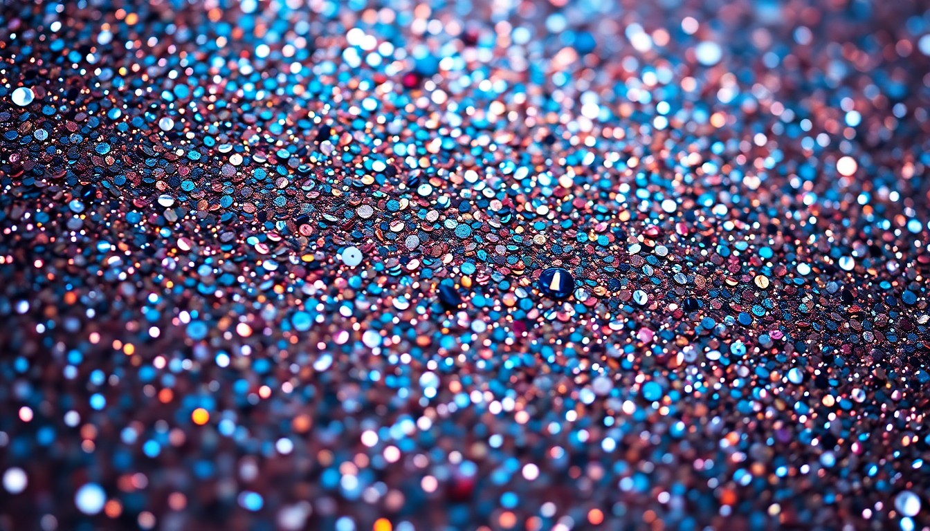 An abstract, high-contrast close-up photograph of a shimmering, glittering surface, conveying a sense of glamour and visual excitement.