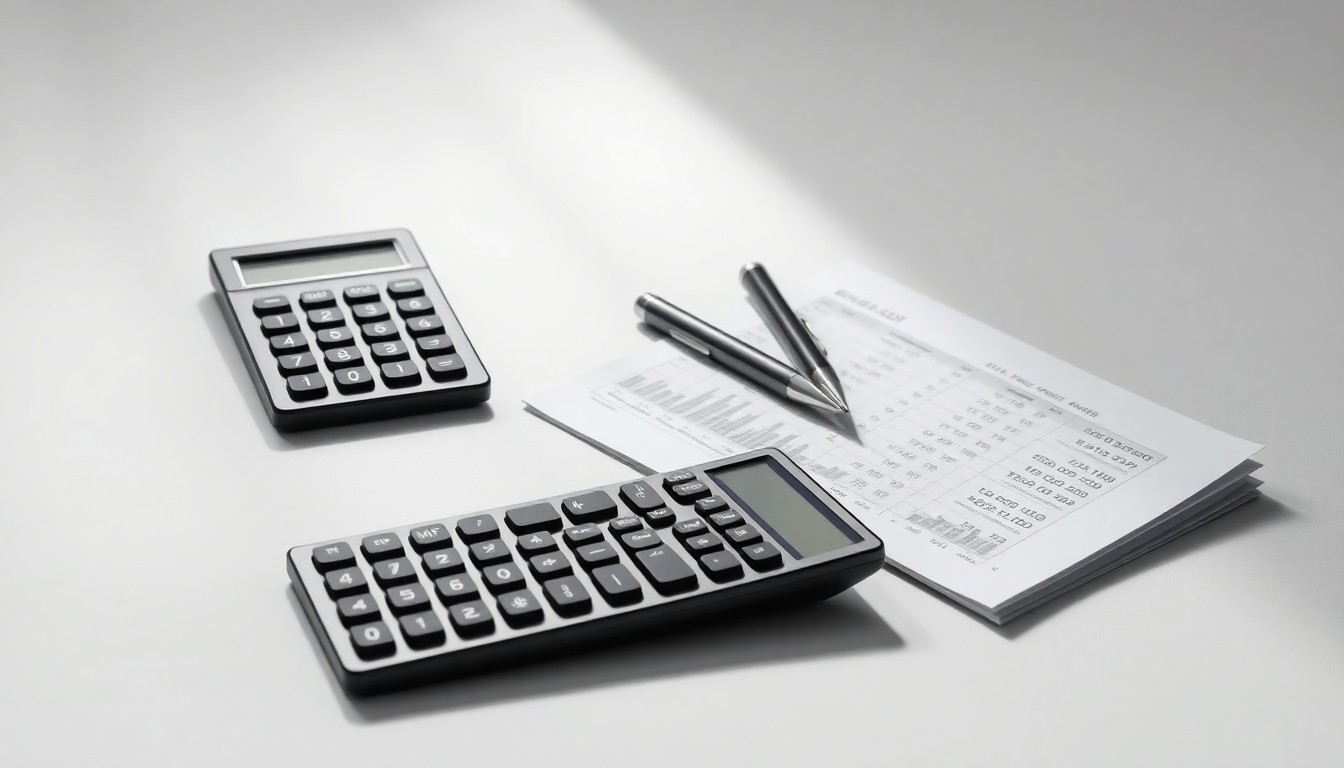 A minimalist studio still life photograph featuring a collection of premium business objects like a calculator, pen, and financial documents arranged elegantly on a clean white background, conveying the abstract concepts of data, analytics, and market forecasting.