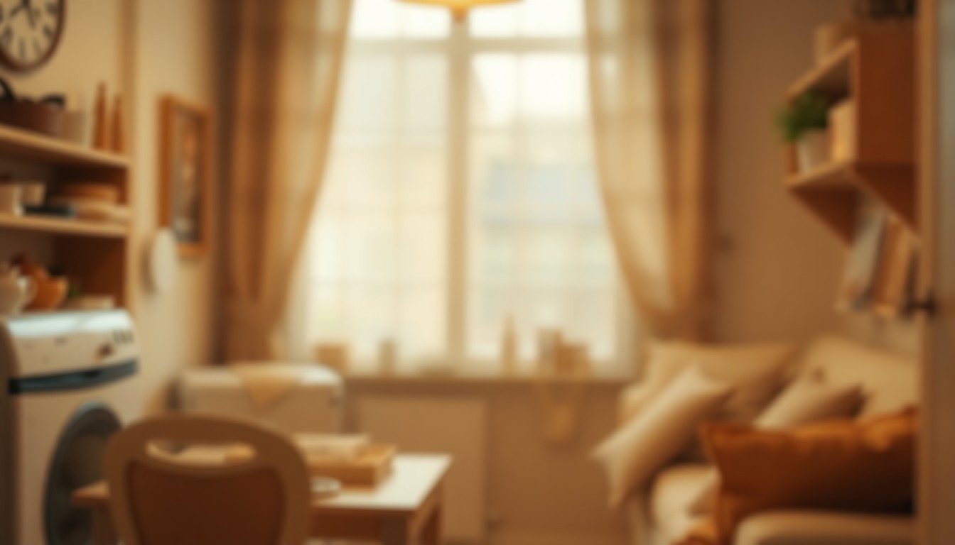 A softly blurred, impressionistic photograph in warm, earthy tones depicting a cozy domestic scene with hints of everyday household objects and textures, conveying a sense of comfort, nostalgia, and the quiet beauty of ordinary life.