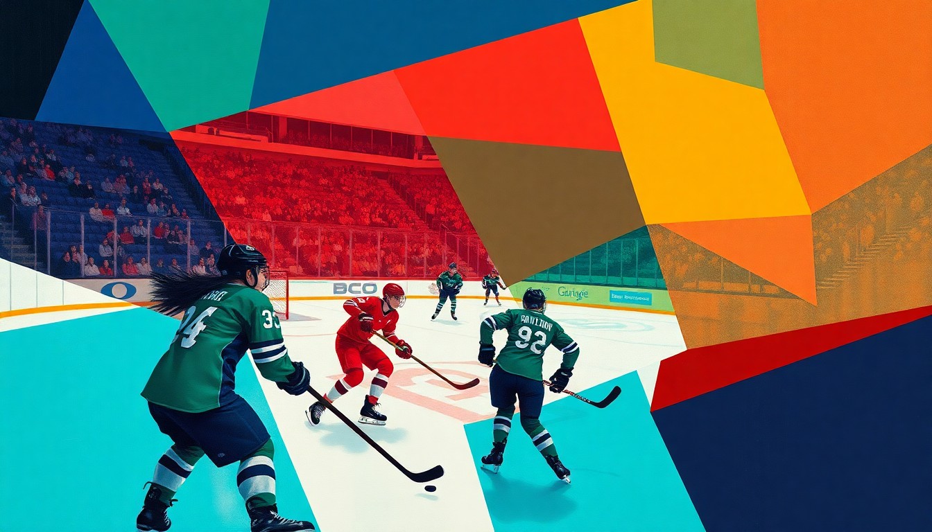 A cubist, geometric painting depicting the energy and movement of a women's professional hockey game, with overlapping shapes and vibrant colors representing the players and the enthusiastic crowd.