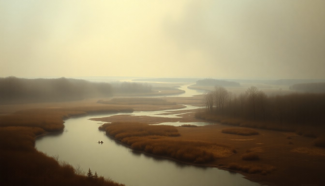 A vast, atmospheric landscape painting depicting a hazy, fog-shrouded view of Piscataway Creek, the focal point of the scene, with distant military structures barely visible in the background, conveying the overwhelming scale and power of the natural environment.