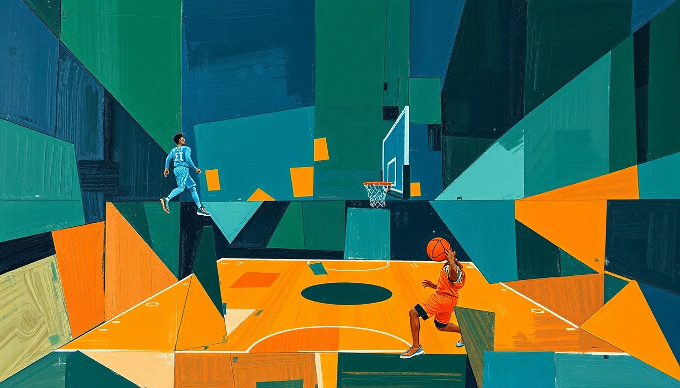 A fragmented, geometric painting depicting the overlapping movements and perspectives of a basketball game, rendered in a bold, abstract style.
