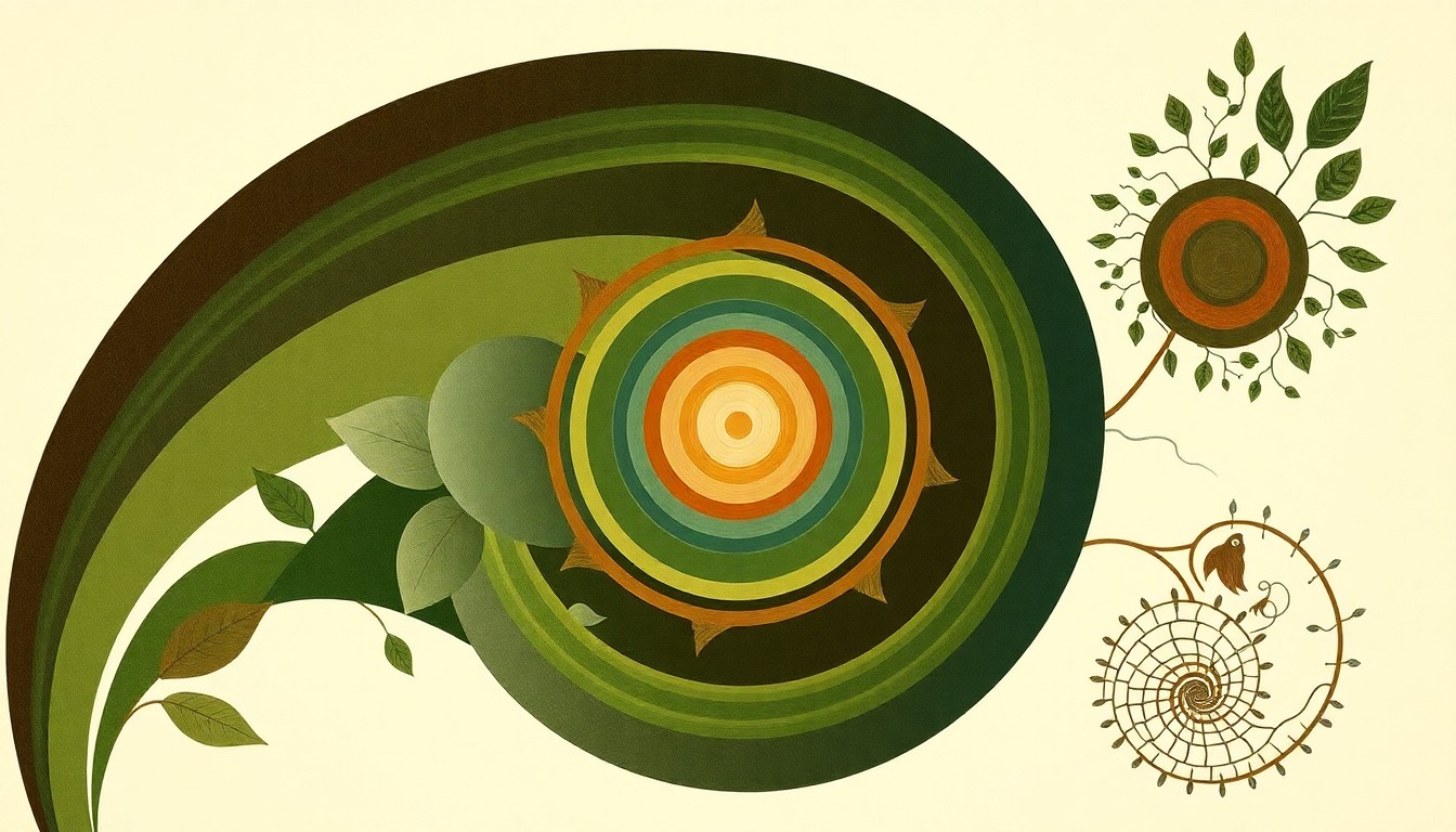 A bold, abstract painting in earthy tones of green, brown, and blue, featuring sweeping geometric shapes and precise botanical spirals that conceptually represent the interconnected web of plant and animal life in an urban ecosystem.