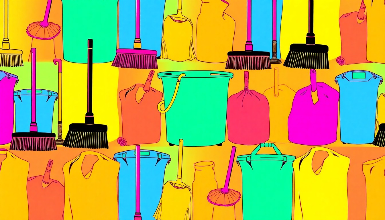 A brightly colored, high-contrast silkscreen print of cleaning supplies like brooms, trash bags, and sponges repeated in a tight grid pattern, capturing the vibrant energy and community spirit of Wecycle's annual street cleaning event.