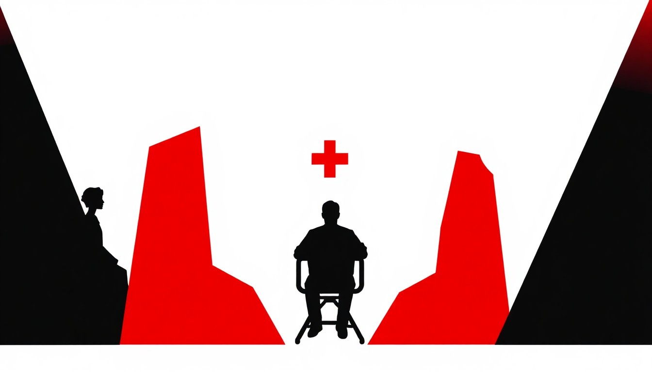 A striking black silhouette of a hospital building, with jagged, geometric shapes in bold red and white surrounding it, conceptually representing the ending of a long-running medical drama.