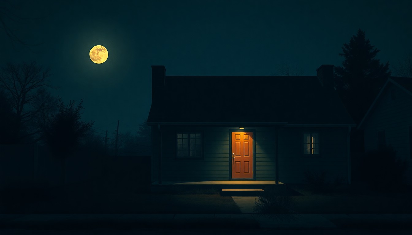 A dimly lit, cinematic painting of a modest Hmong American home at night, with warm moonlight casting long shadows across the exterior. The scene conveys a sense of quiet unease and vulnerability, reflecting the emotional impact of the federal agents' actions.