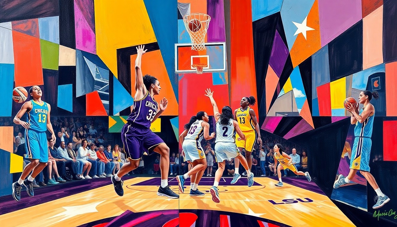 A cubist, geometric painting depicting a fragmented WNBA basketball game, with overlapping planes of vibrant blue, orange, and purple colors representing the uniforms of the Chicago Sky and LSU teams.