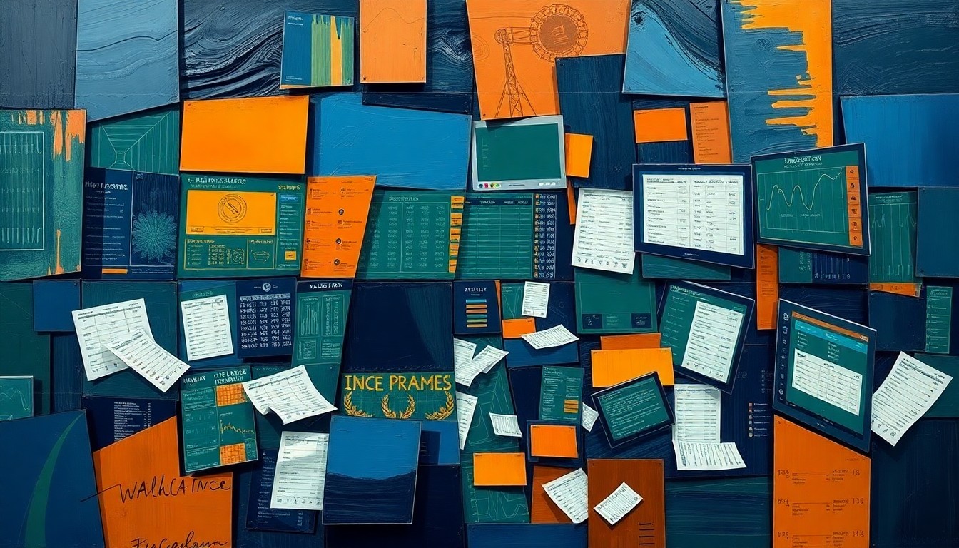 A fractured, cubist-style painting depicting a jumble of sports betting odds, betting slips, and digital betting interfaces in a palette of navy blue, forest green, and burnt orange, conceptually representing the complex and rapidly changing nature of the New York sports betting market.