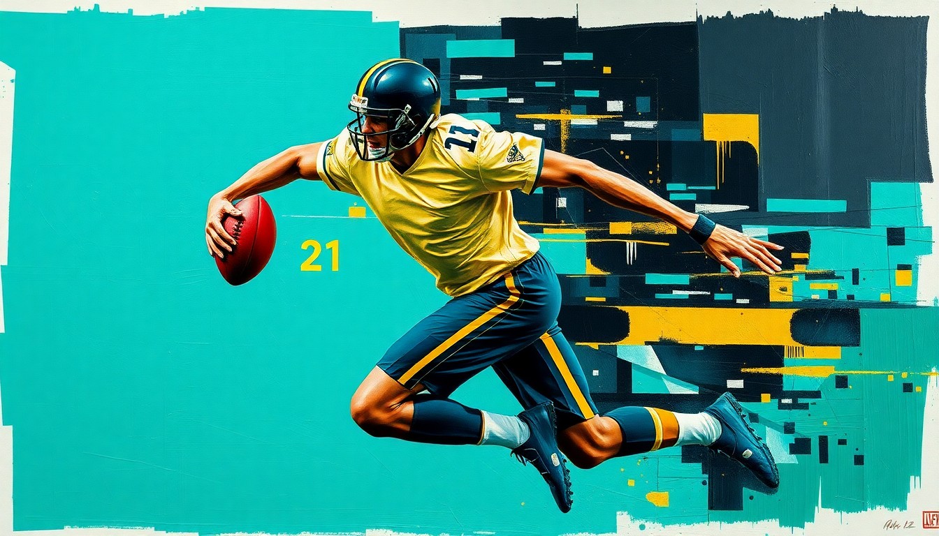 A cubist, geometric painting depicting a football player in mid-motion, with sharp, overlapping planes of teal, gold, and black conveying a sense of dynamic movement and energy.