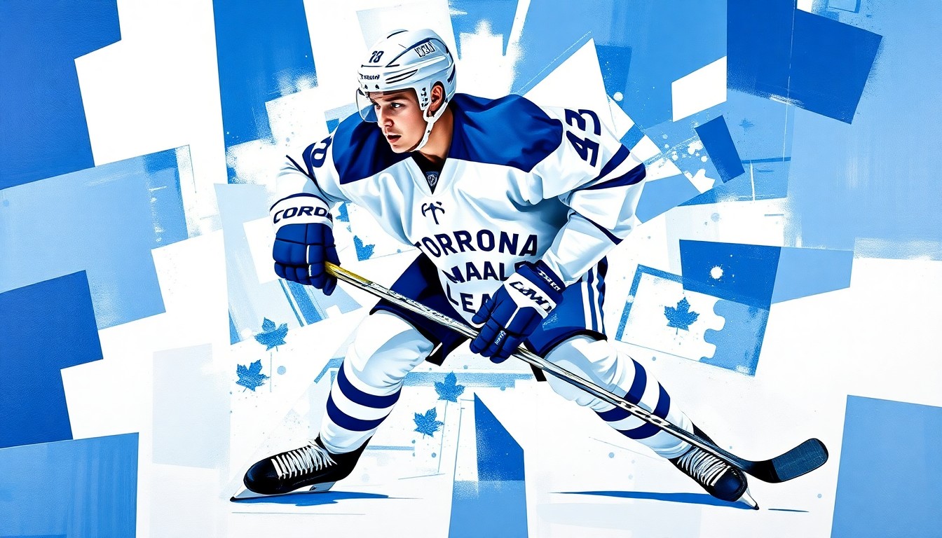 A fragmented, cubist-style painting depicting a hockey defenseman in action, with their form broken down into sharp, overlapping geometric shapes in the official blue and white colors of the Toronto Maple Leafs.