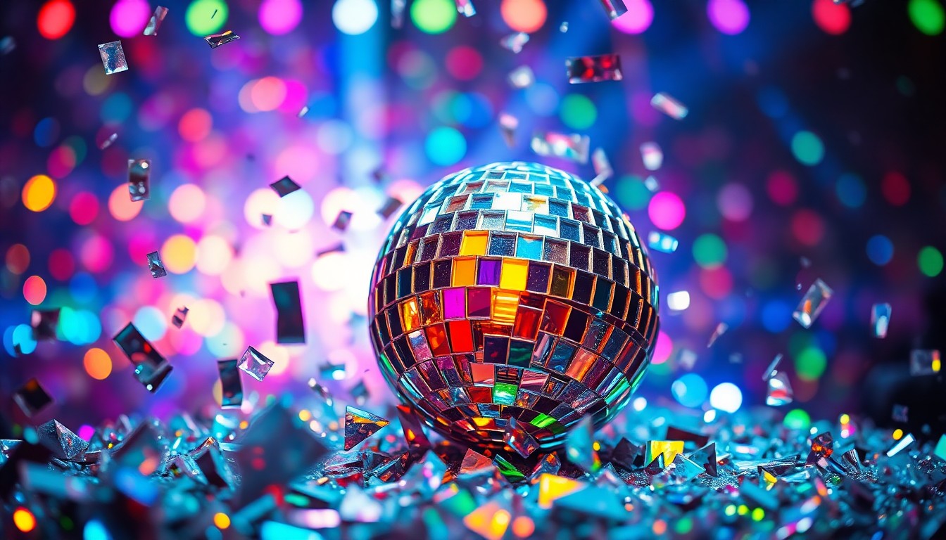 An abstract close-up photograph of shattered glass fragments from a disco ball, reflecting a dazzling array of multicolored lights and capturing the celebratory, high-energy atmosphere of a music festival.