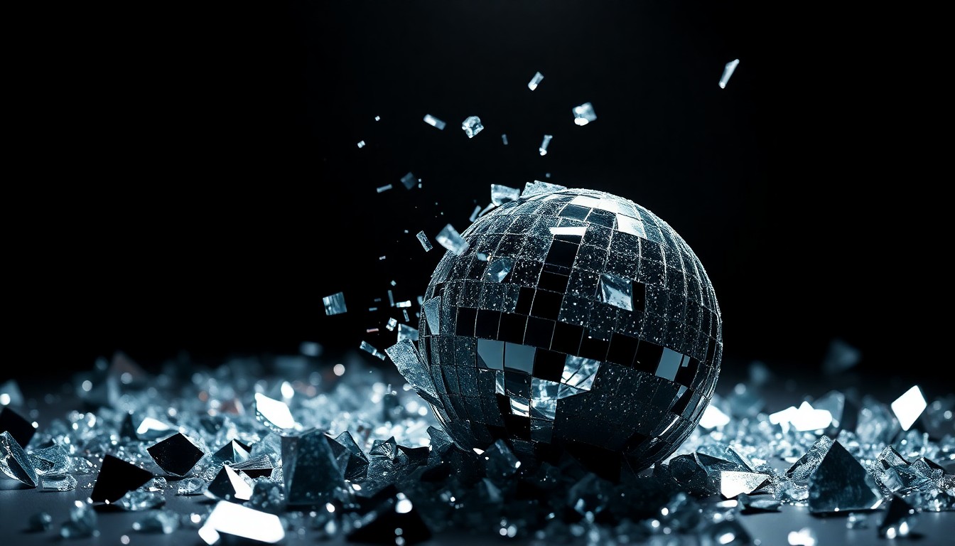 An abstract close-up photograph of shattered glass fragments reflecting bright, high-contrast studio lighting, conceptually representing the glamour and gossip of the music industry.