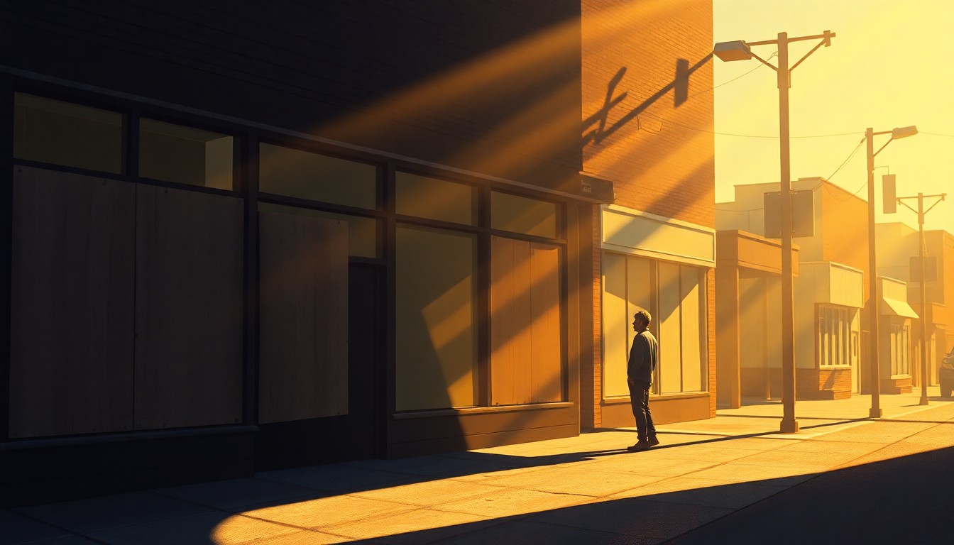 A moody, cinematic painting depicting a solitary figure standing in front of a row of boarded-up storefronts, the scene bathed in warm, dramatic lighting that creates a sense of melancholy and nostalgia.