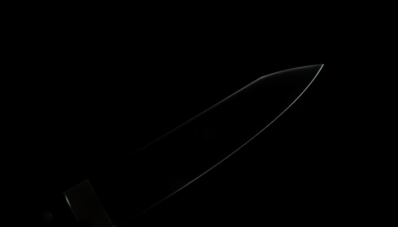 An extreme close-up photograph of a machete blade against a pitch-black background, creating a stark, gritty, and investigative aesthetic.