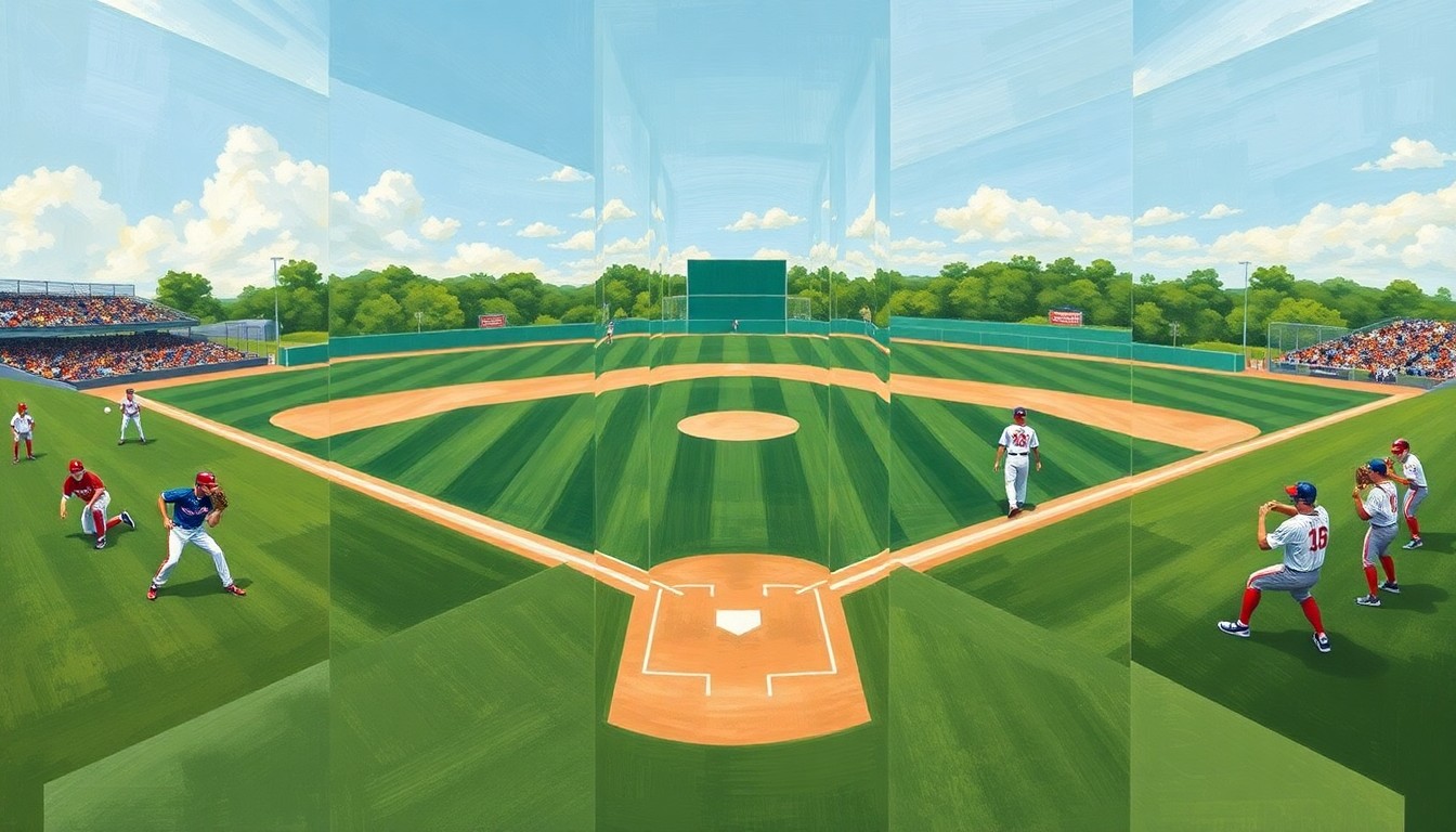 A heavily abstracted, cubist-style painting depicting the elements of a college baseball game, with the field, players, and team colors broken down into overlapping geometric shapes and planes.