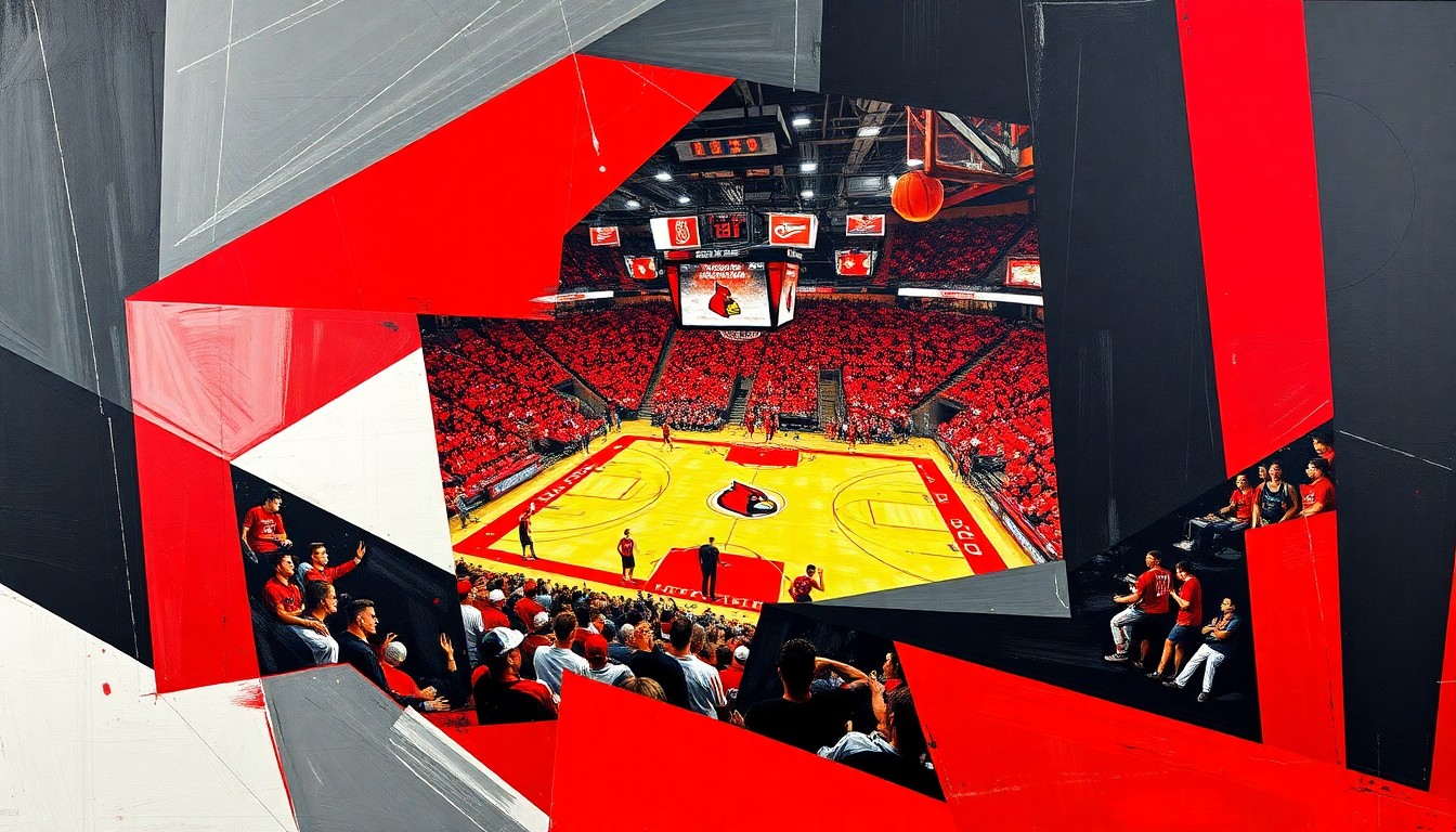 A cubist, geometric painting featuring overlapping planes of red, black, and white, conceptually representing the dynamic energy and competitive spirit of a college basketball game.