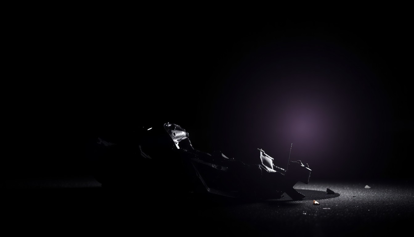 An extreme close-up photograph of a crumpled, twisted car part reflecting a bright flash of light, conceptually representing the devastation of a fatal highway crash.