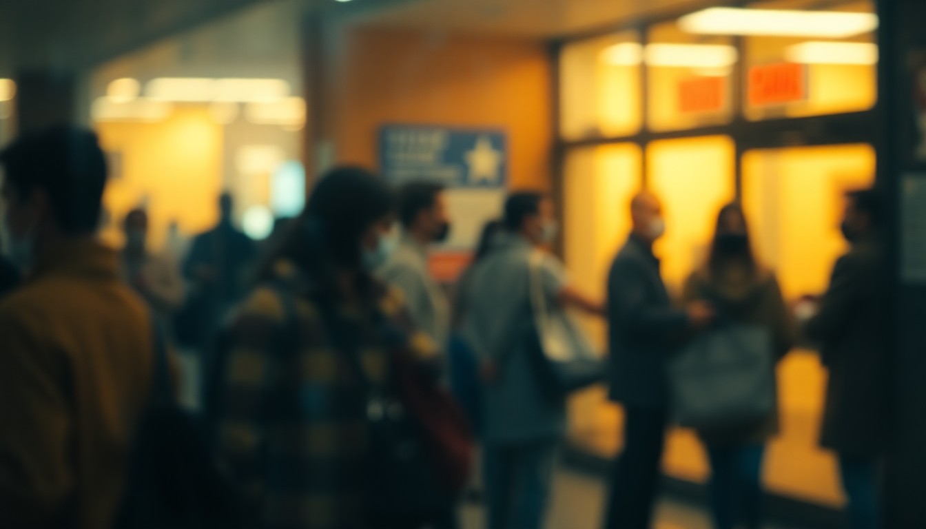 An abstract, out-of-focus photograph depicting a blurred scene of people waiting in line at a government office, with soft pools of warm yellow, orange, and blue light washing over the scene, creating an atmospheric and melancholy mood.