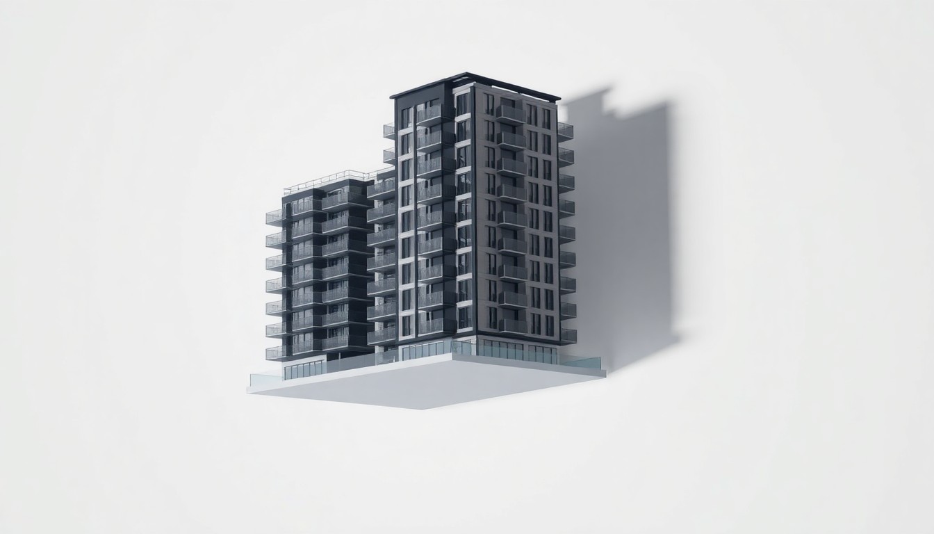 A highly detailed, photorealistic studio still life photograph of a sleek, modern architectural model of an apartment building made from polished metal and glass, floating on a clean white background and dramatically lit to symbolize the abstract concepts of real estate development and urban planning.