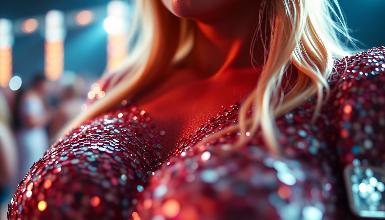 An extreme close-up photograph of shimmering, glittering sequins in dramatic, high-contrast studio lighting, capturing the glamorous and high-fashion aesthetic of Paris Hilton's Coachella experience.