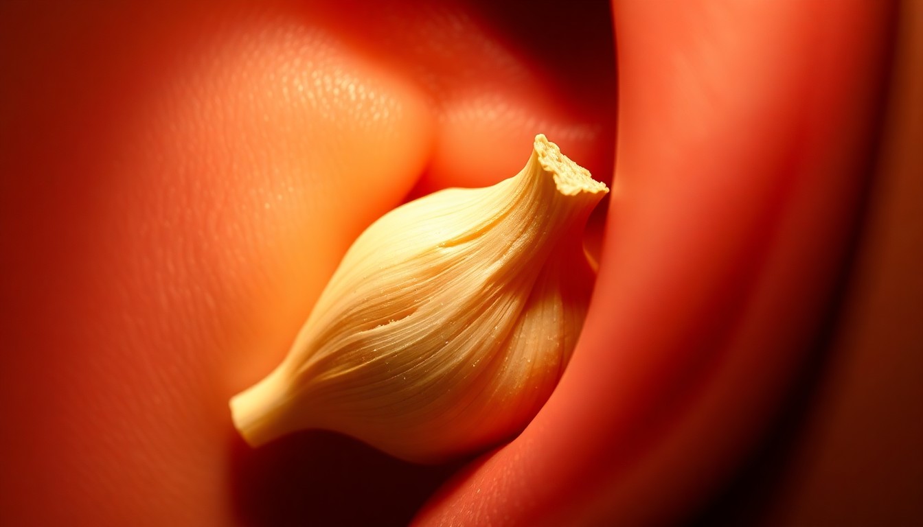 An extreme close-up photograph of a human ear canal partially filled with a clove of garlic, shot in dramatic high-contrast studio lighting to create a glamorous, high-fashion aesthetic.