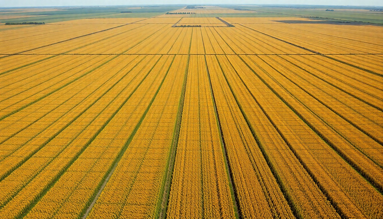 An extreme aerial view of countless rows of soybean plants, their green foliage creating a repeating, abstract geometric pattern that conveys the massive scale of this Midwestern crop.